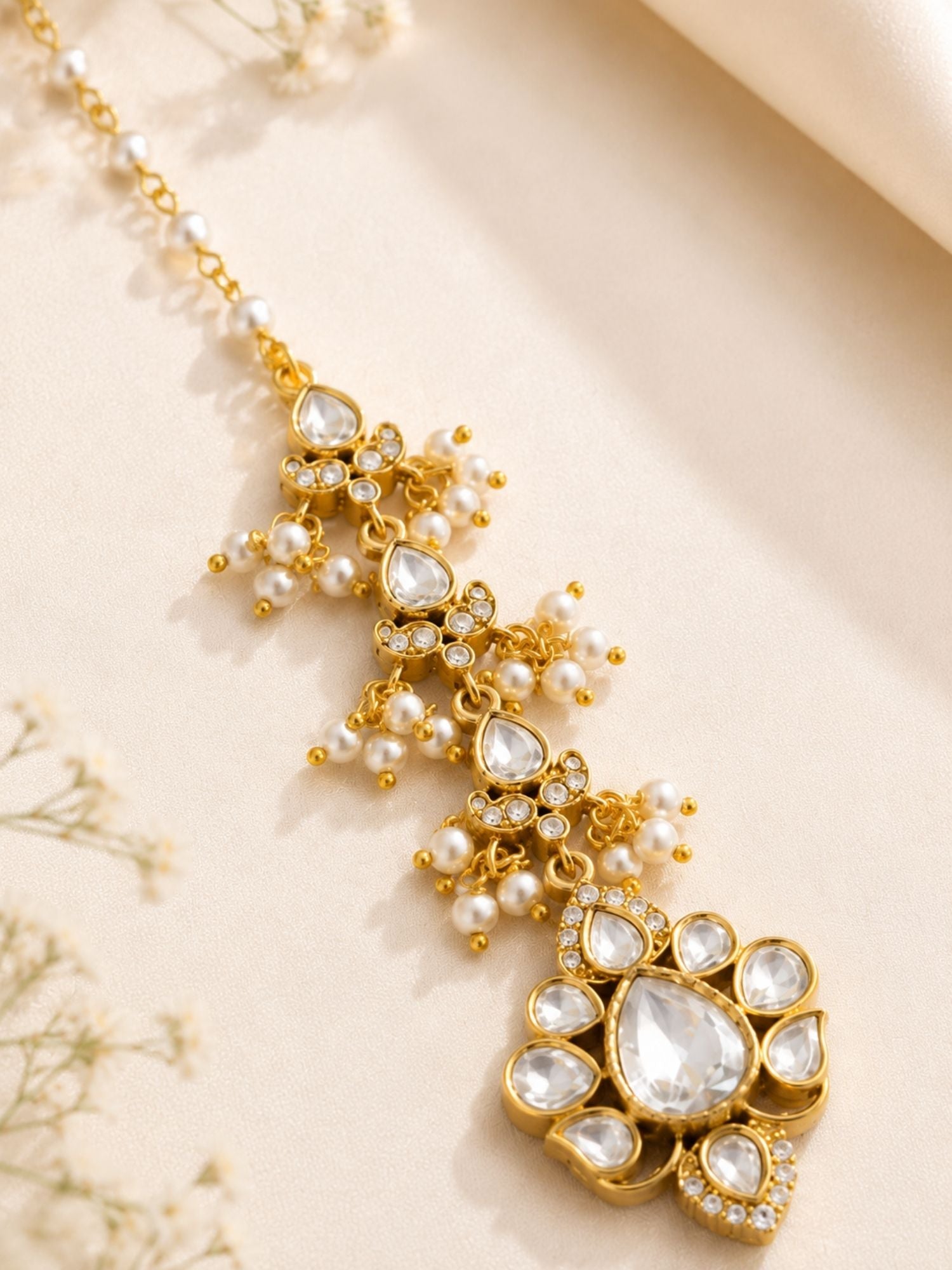 Bridal Polki Pearl Maang Tikka in Oxidsed Gold Plating | Abdesigns