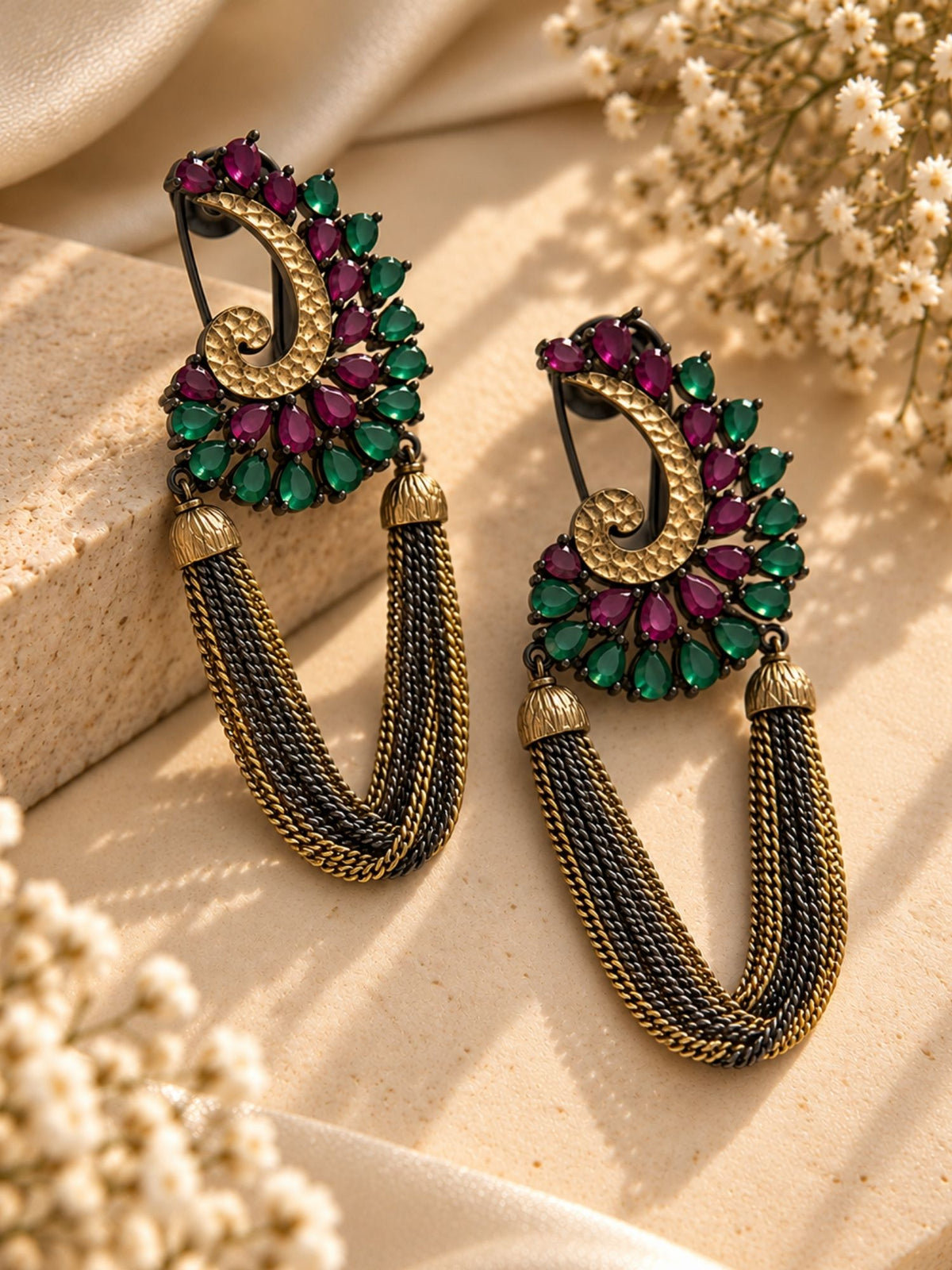 Multicolor Chain Tassel Statement Earrings Dual Tone | Abdesigns