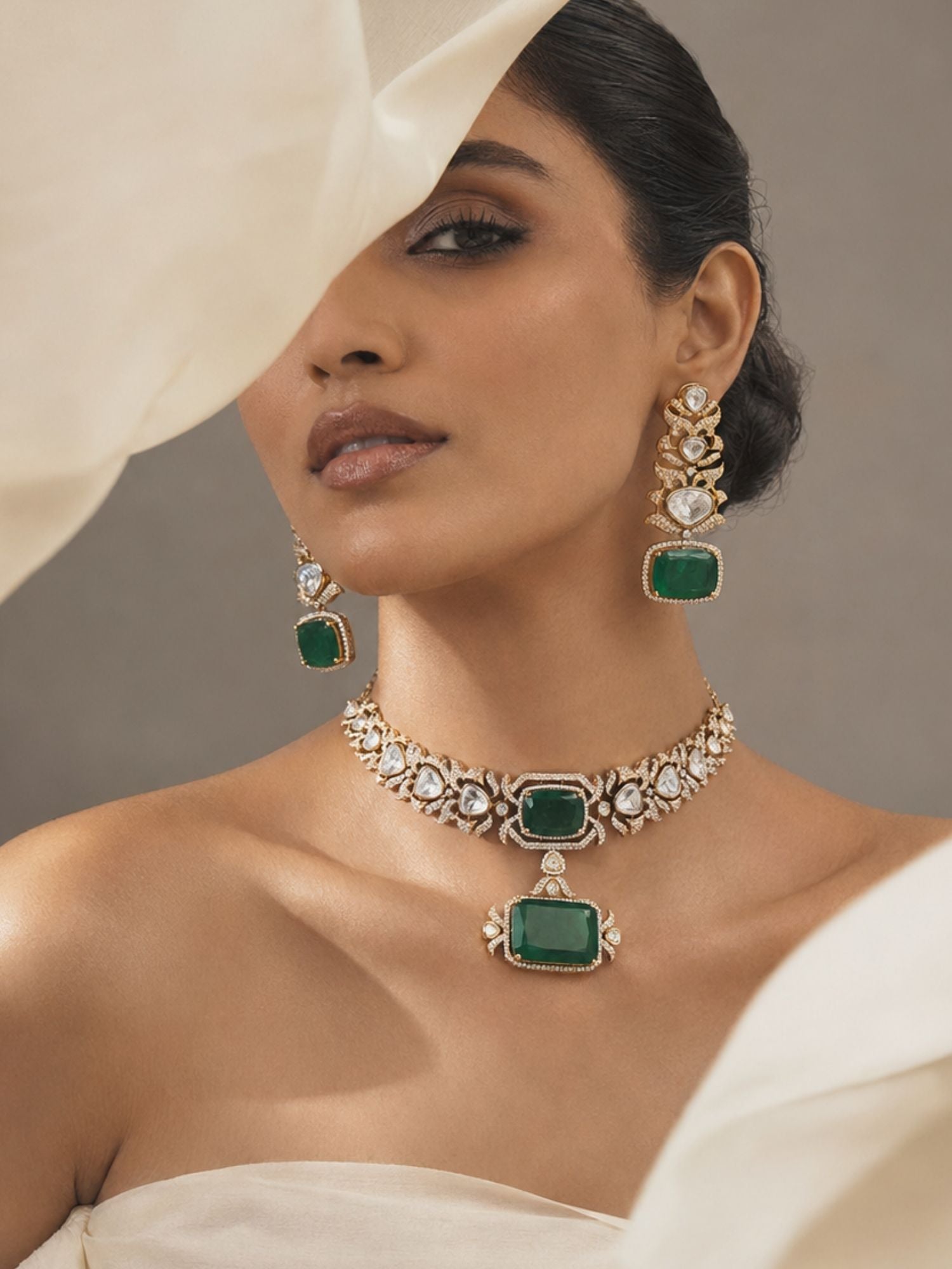 Gold Plated Green Stone Kundan Choker Necklace Set with Earrings