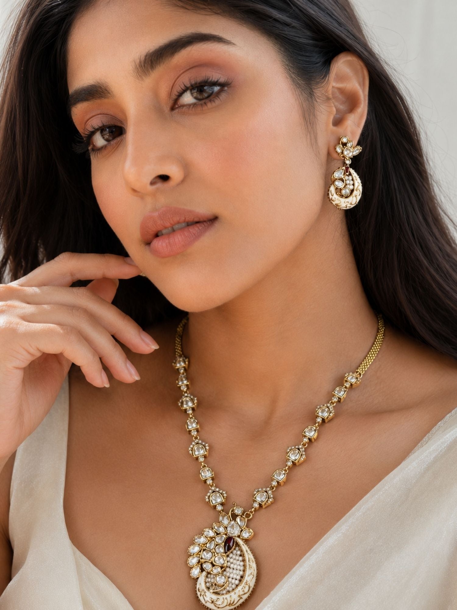 White Kundan Pendant Necklace Set in Gold Plating | Abdesigns