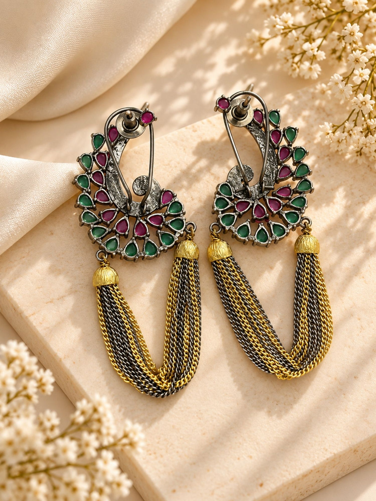 Multicolor Chain Tassel Statement Earrings Dual Tone | Abdesigns