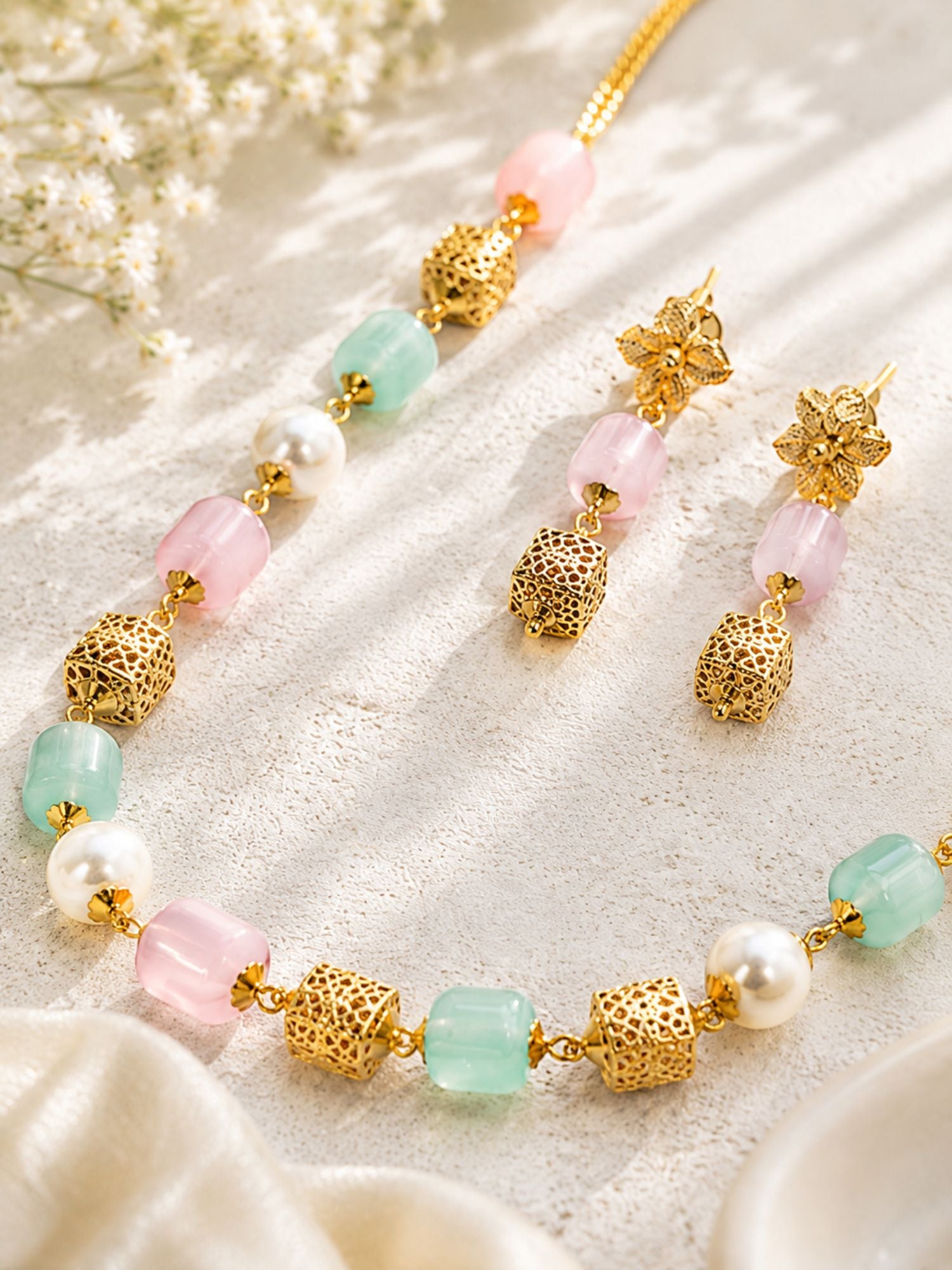 Pastel Beaded Necklace Set in Gold Plating | Abdesigns