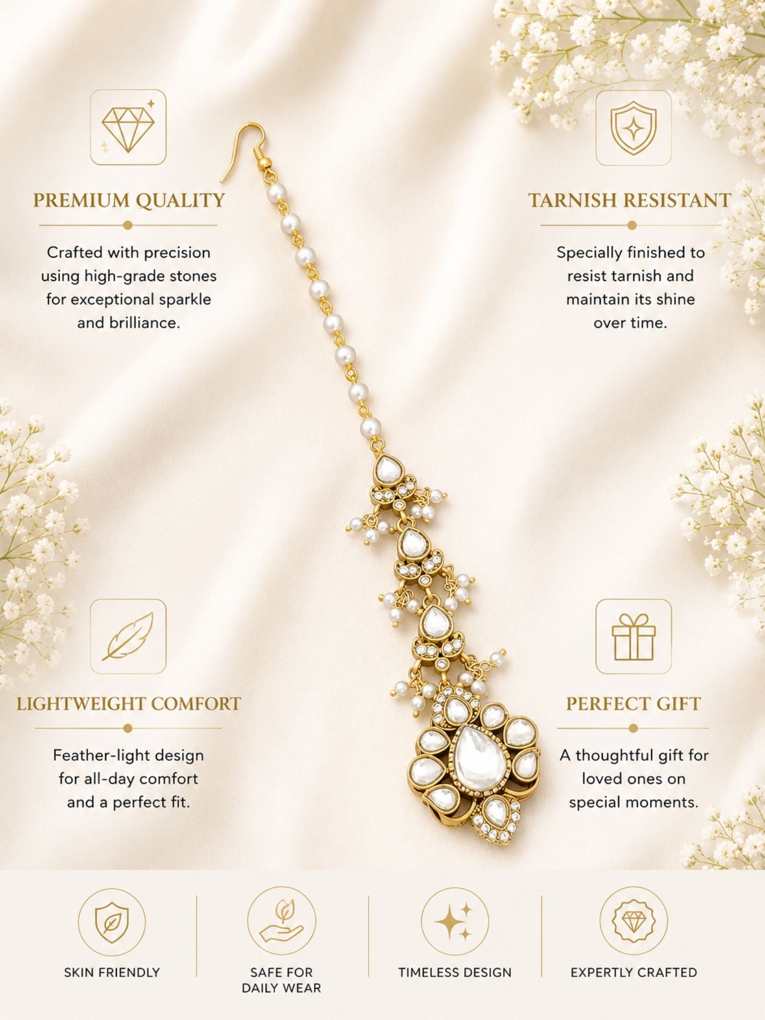 Bridal Polki Pearl Maang Tikka in Oxidsed Gold Plating | Abdesigns
