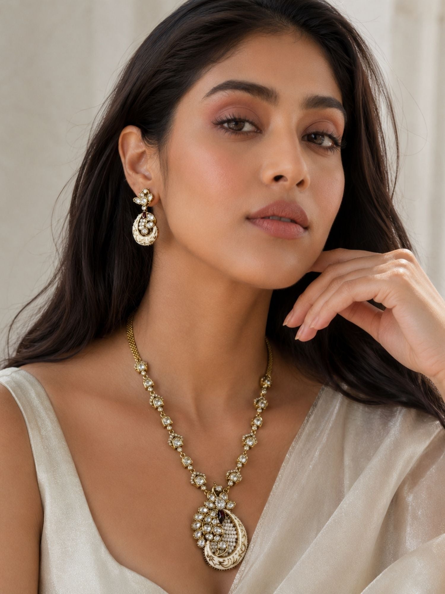 White Kundan Pendant Necklace Set in Gold Plating | Abdesigns