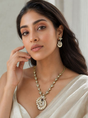 White Kundan Pendant Necklace Set in Gold Plating | Abdesigns