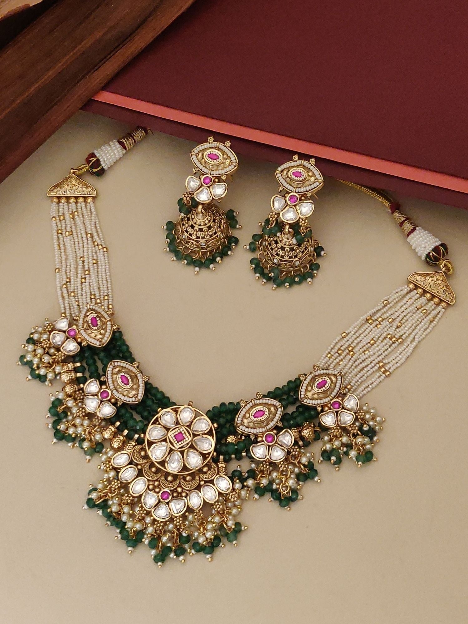 Abdesigns Jewellery Gold Plated Necklace with Decorative Beads and Matching Earrings