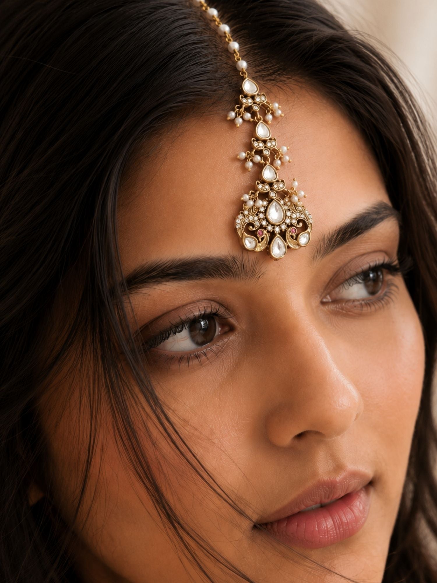Peacock Polki Kundan Pearl Maang Tikka in Oxidsed Gold Plating | Abdesigns