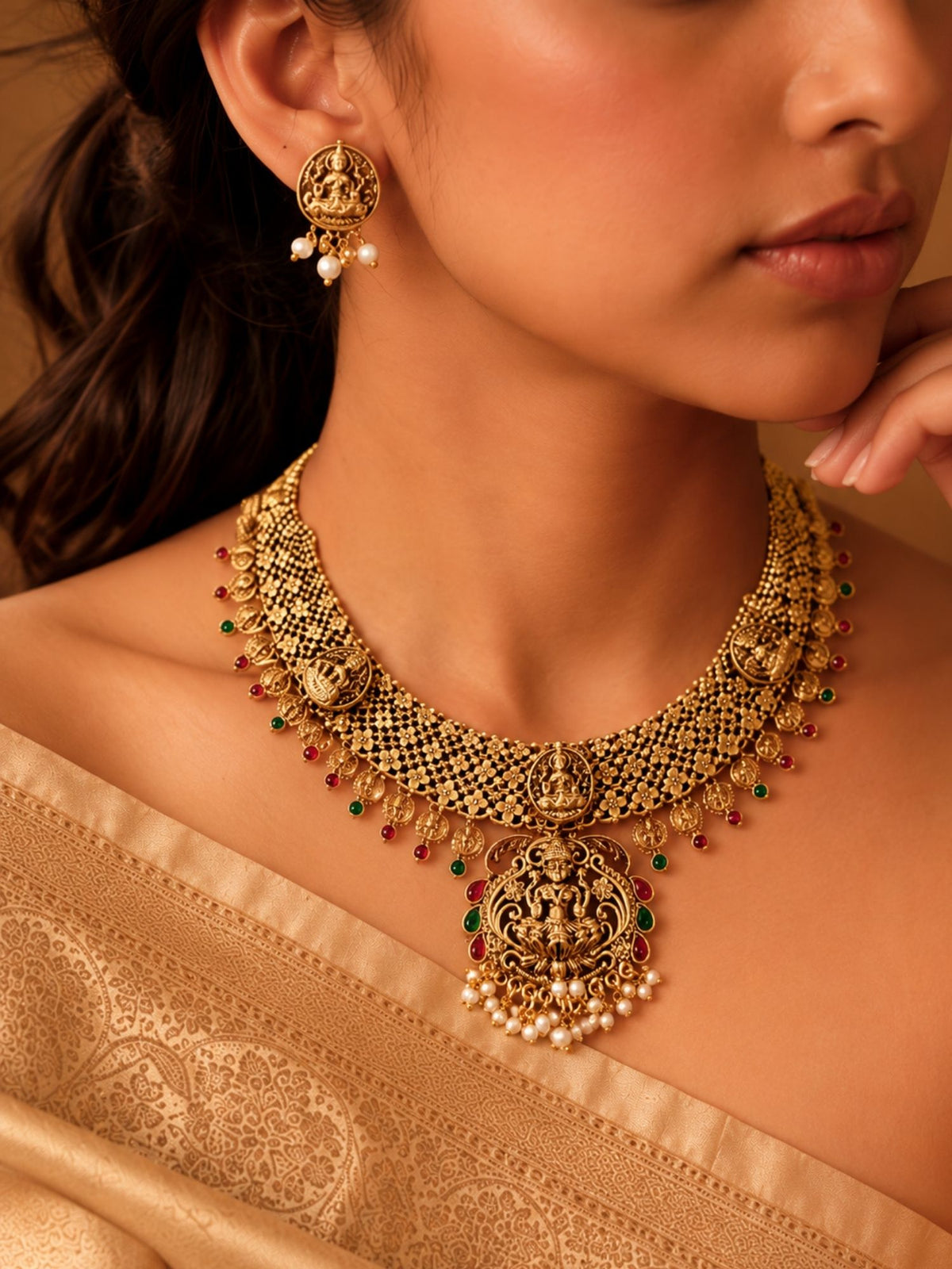 Temple Lakshmi Coin Choker Set Antique Gold | Abdesigns Jewellery