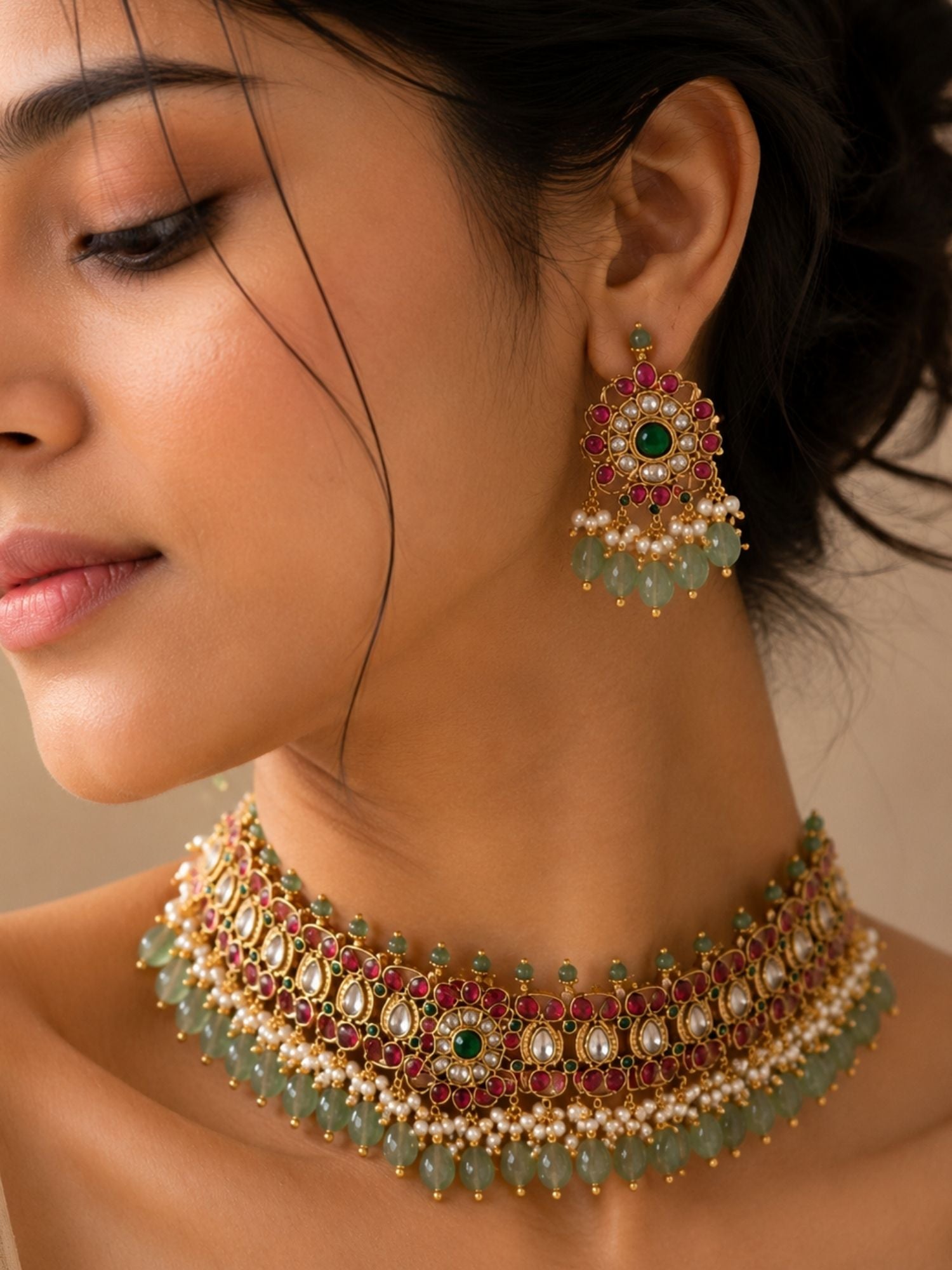 Kemp Stone Multicolour Choker Necklace Set | Abdesigns Jewellery