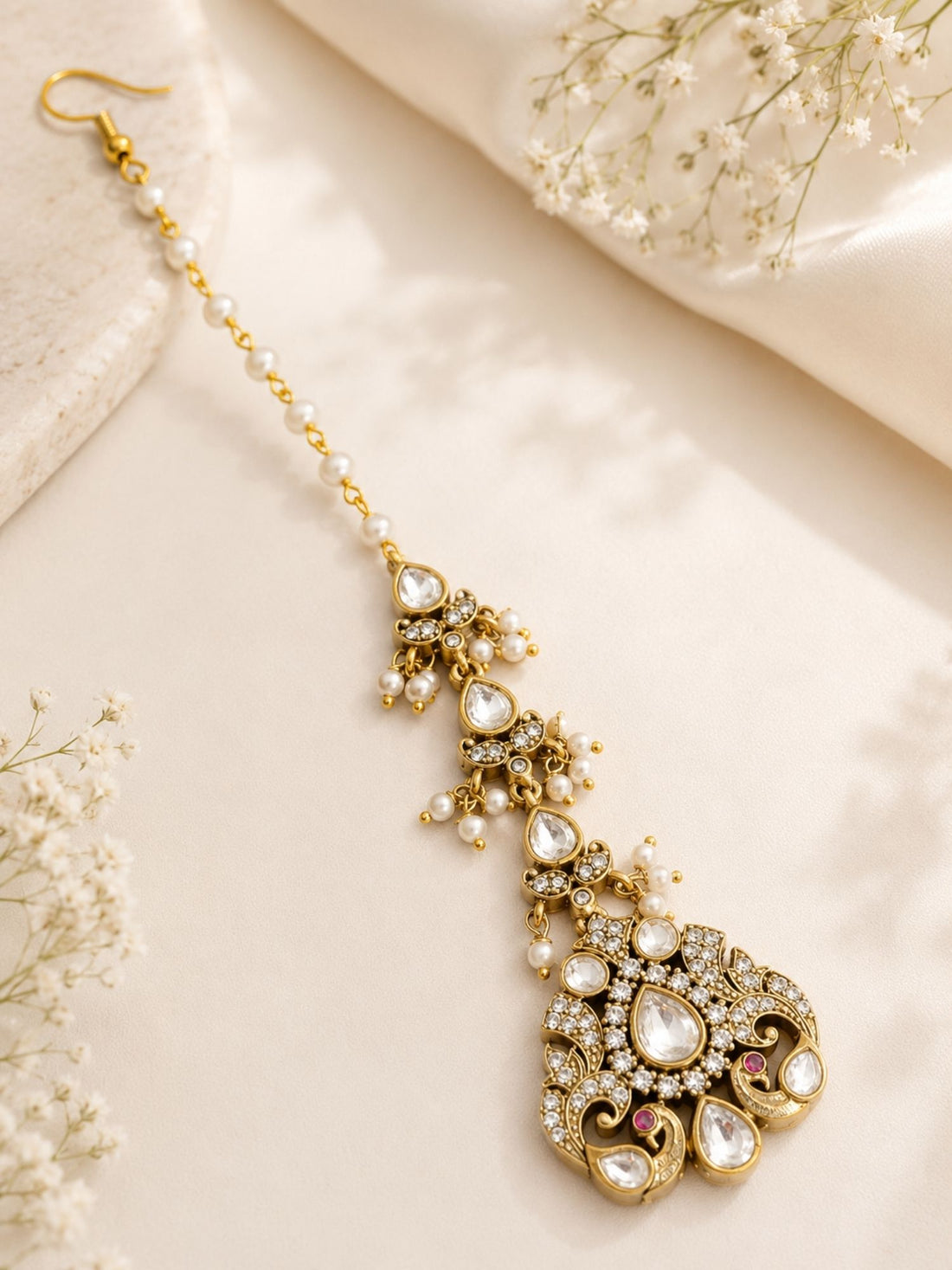 Peacock Polki Kundan Pearl Maang Tikka in Oxidsed Gold Plating | Abdesigns