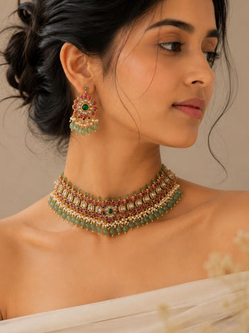 Kemp Stone Multicolour Choker Necklace Set | Abdesigns Jewellery