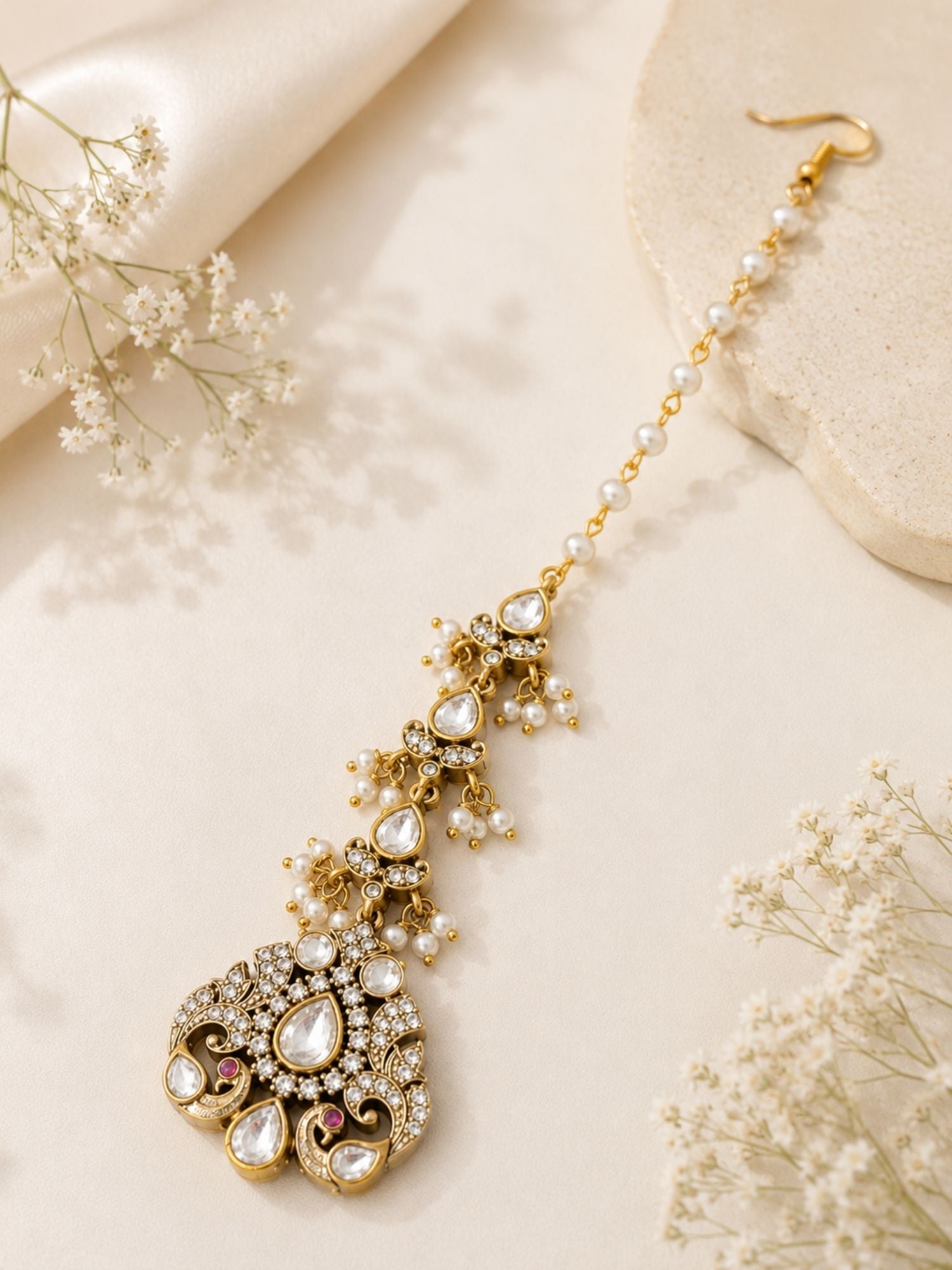 Peacock Polki Kundan Pearl Maang Tikka in Oxidsed Gold Plating | Abdesigns