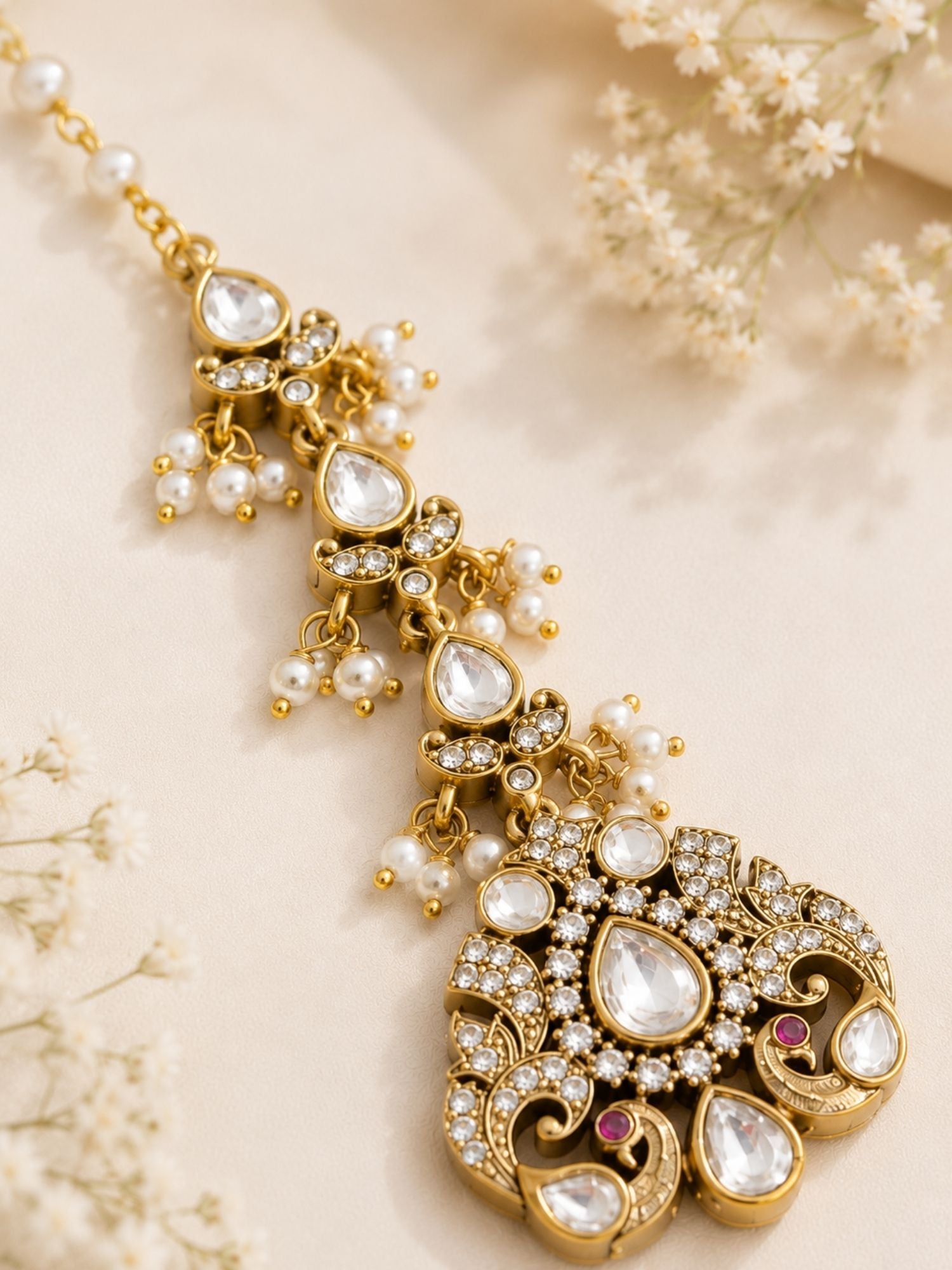 Peacock Polki Kundan Pearl Maang Tikka in Oxidsed Gold Plating | Abdesigns