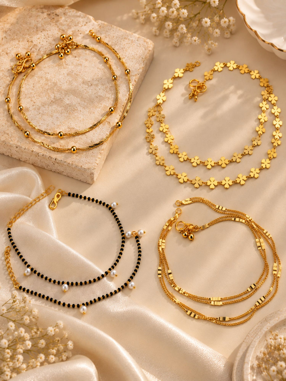 Set Of 4 Gold Plated Designer Anklets for Women