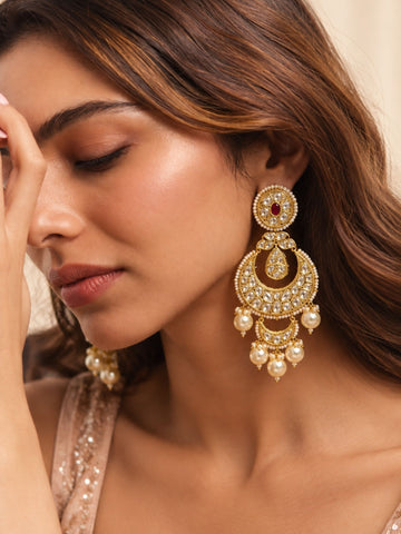 Kundan Polki Pearl Chandbali Earrings Gold Plated | Abdesigns