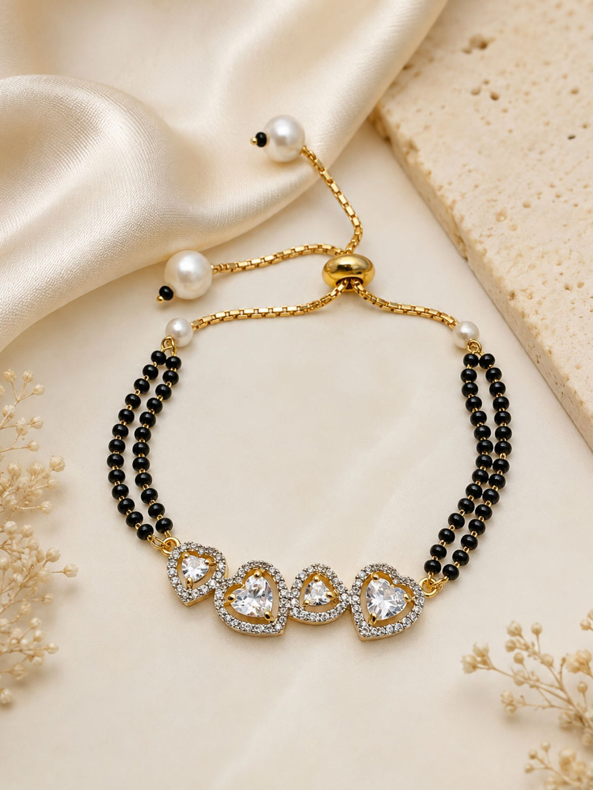 Gold Plated Heart AD Stone Hand Mangalsutra Bracelet for Women