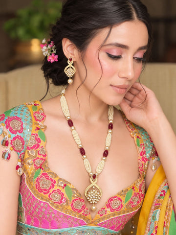 Pastel Kundan Pearl Floral Mala Set - Sky Blue, Pink, Cream