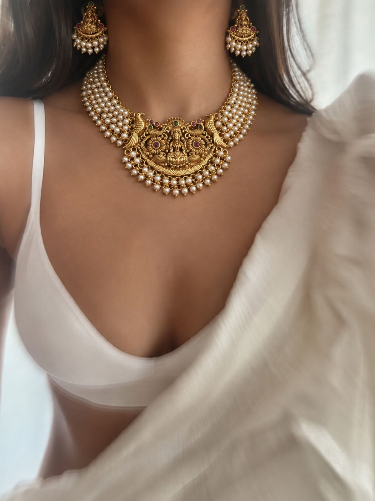 Gold Plated Temple Lakshmi Pearl Necklace Set with Earrings