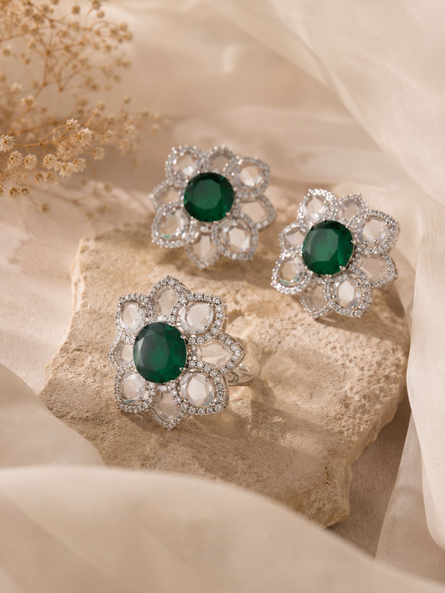 Emerald Green Floral Ring & Earrings Set | Abdesigns Jewellery