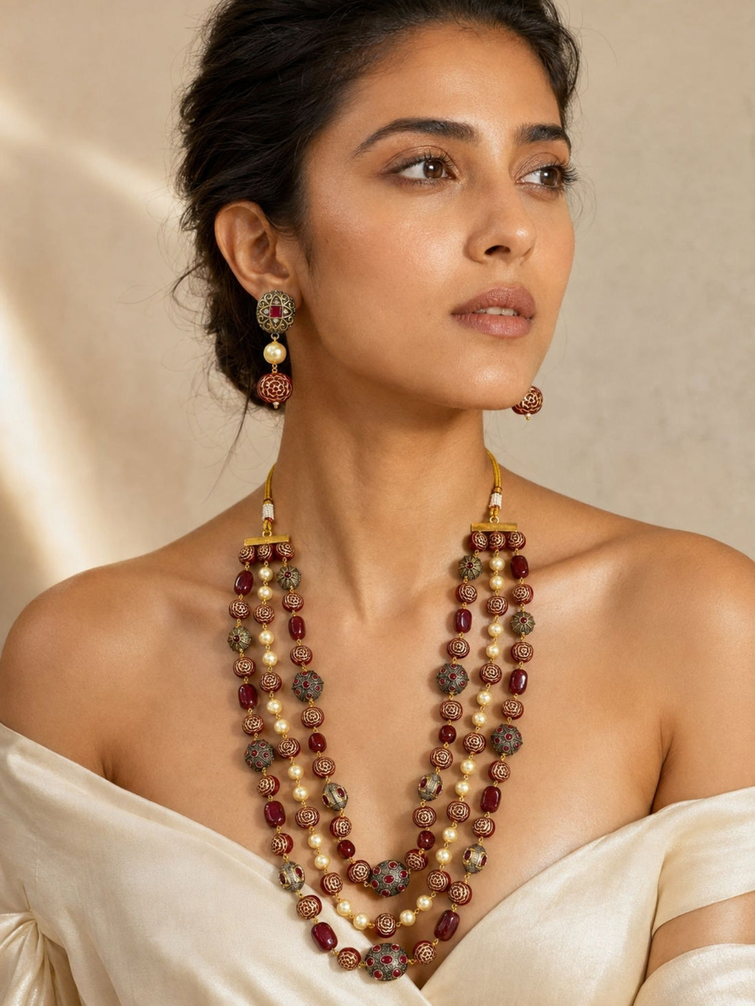 Antique Gold Plated Green Bead Pearl Mala Necklace Set with Earrings
