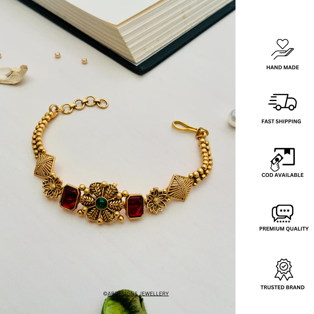 Dazzling Antique Matt Gold Polish Hand Bracelet - Abdesignsjewellery