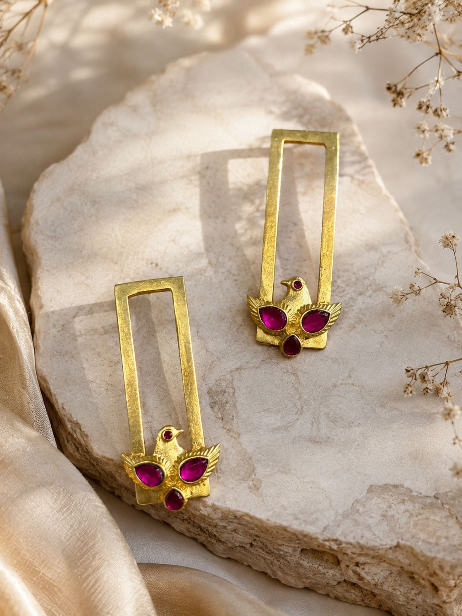Pink Kemp Bird Motif Earrings in Gold Plating Festive Wear | Abdesigns