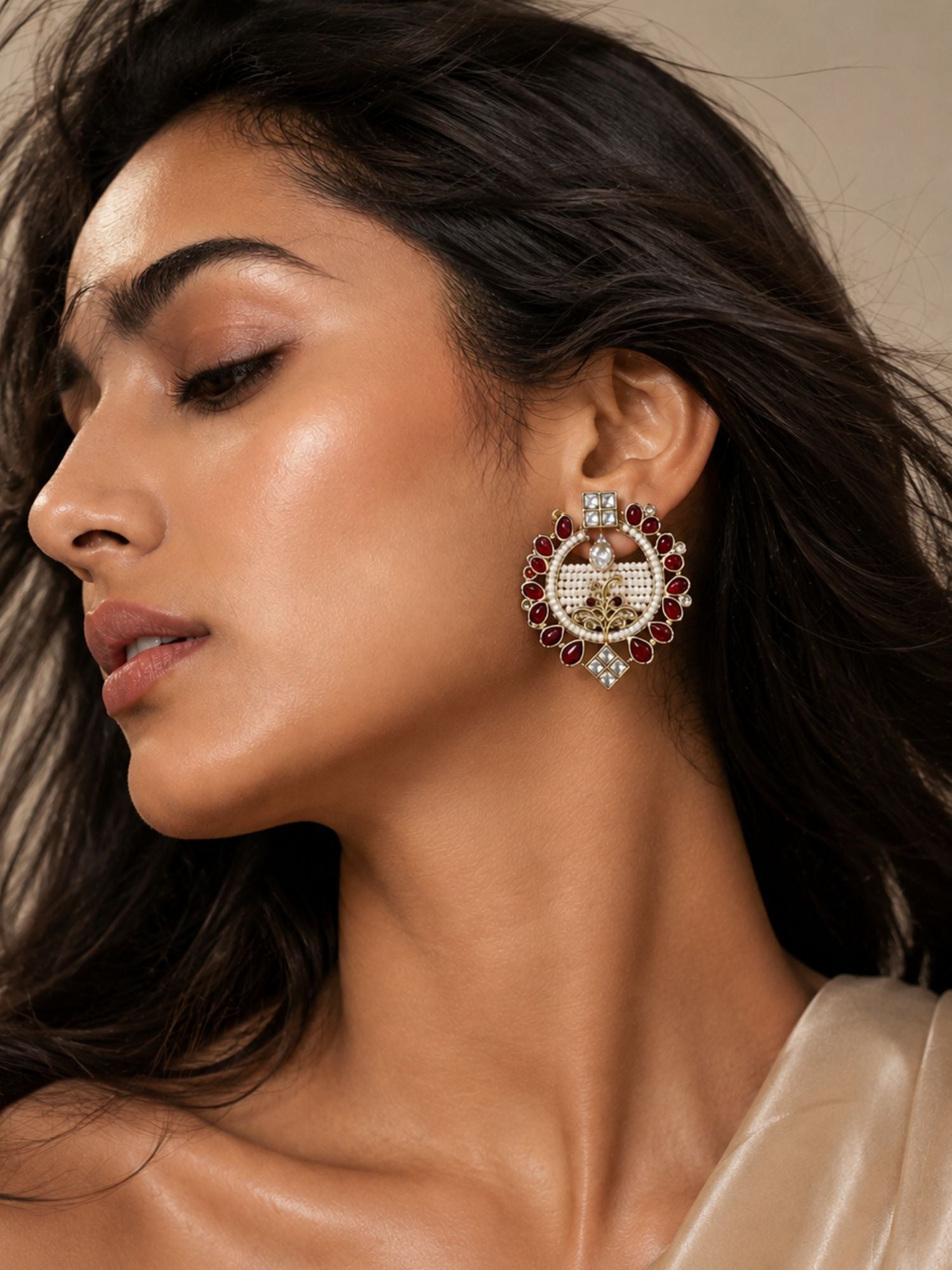 Set of 3 Gold Plated Kundan Pearl Festive Earrings for Women