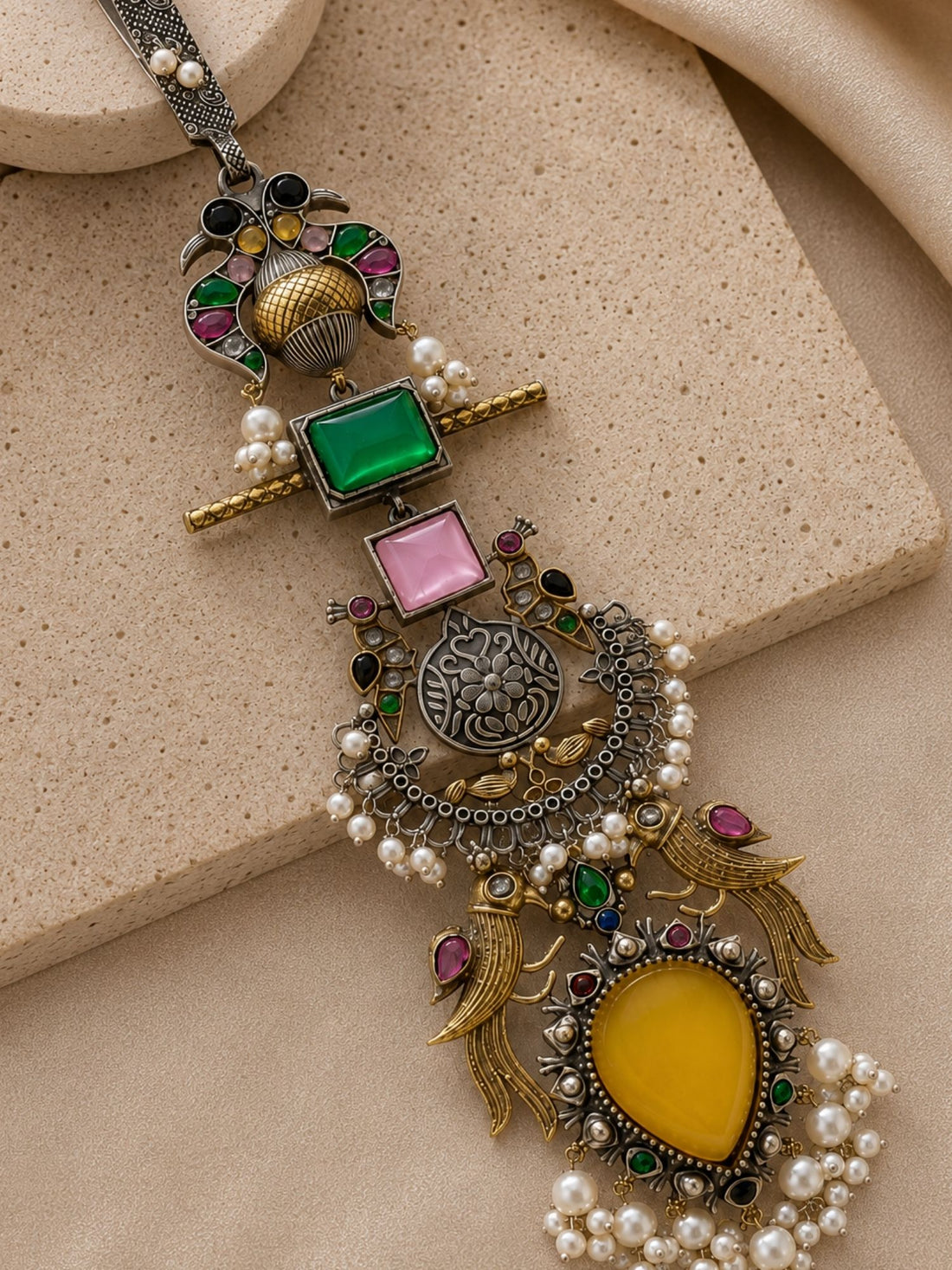 Peacock Saree Juda Pin for Women, Dual Tone Multicolour Stones
