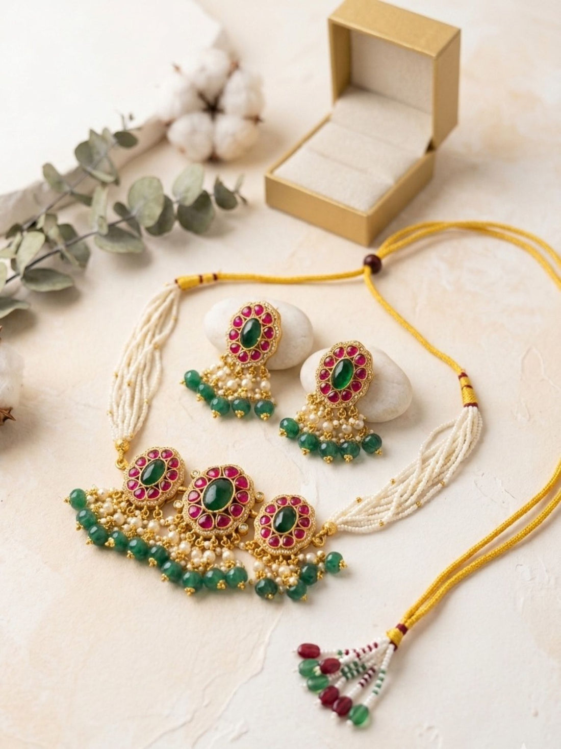 Abdesigns Gold Plated Emerald Pachi Kundan Necklace Set