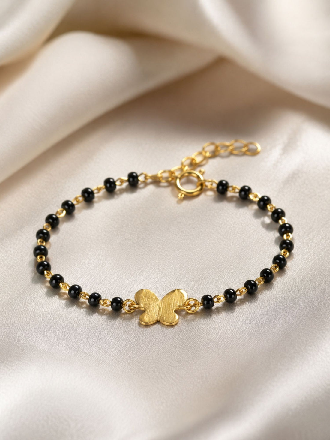 925 Sterling Silver Gold Plated Kids Black Bead Bracelet with Charms