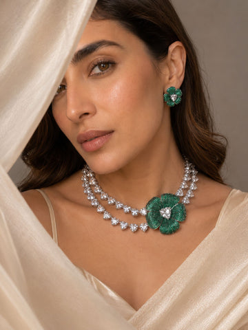 Emerald Bloom Floral Necklace Set with Crystal Petal Drops - necklace by Abdesigns Jewellery