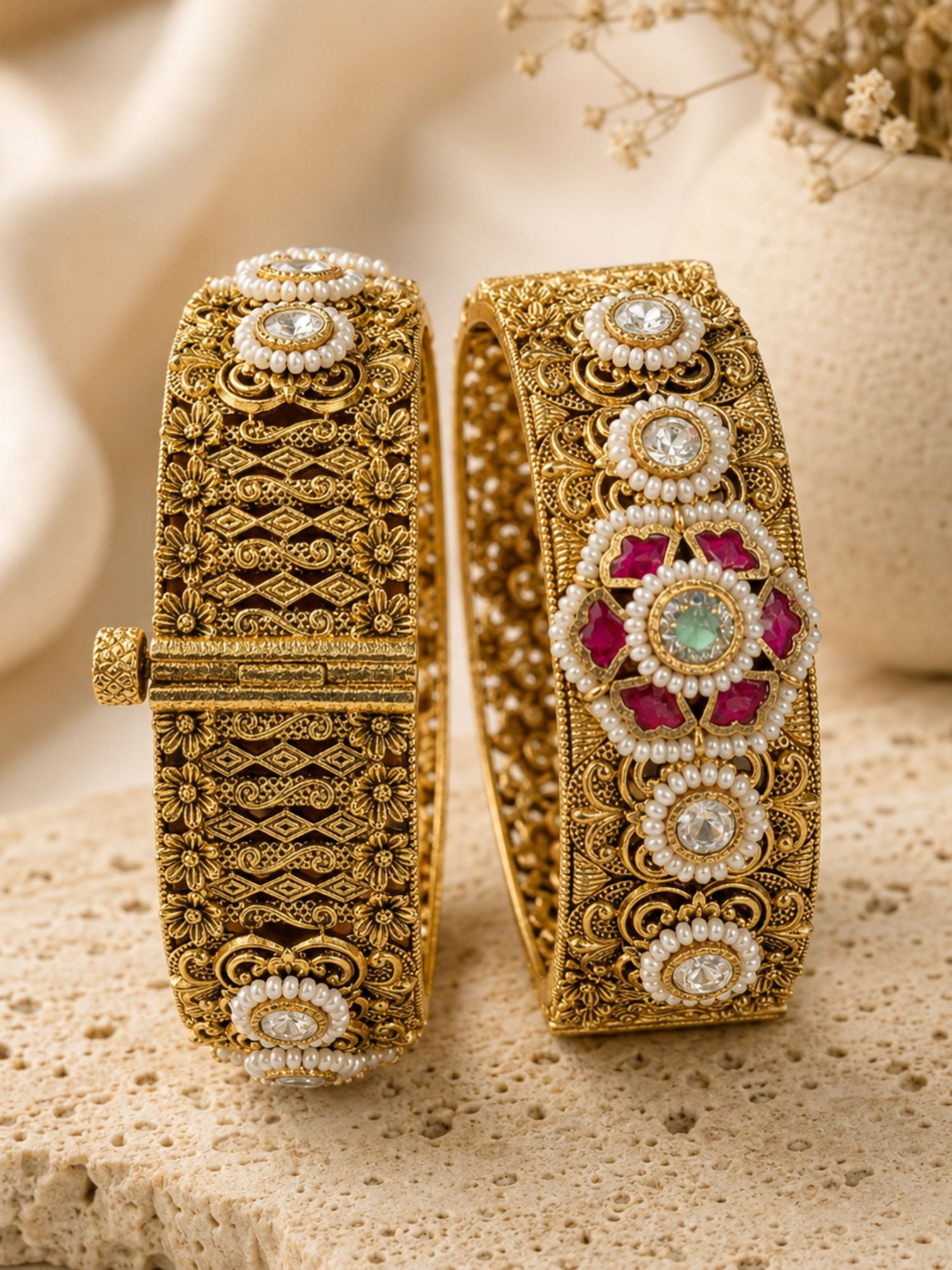 Antique Ahmedabadi Jadau Gold Kundan Floral Bangles – Bridal Set | Abdesigns