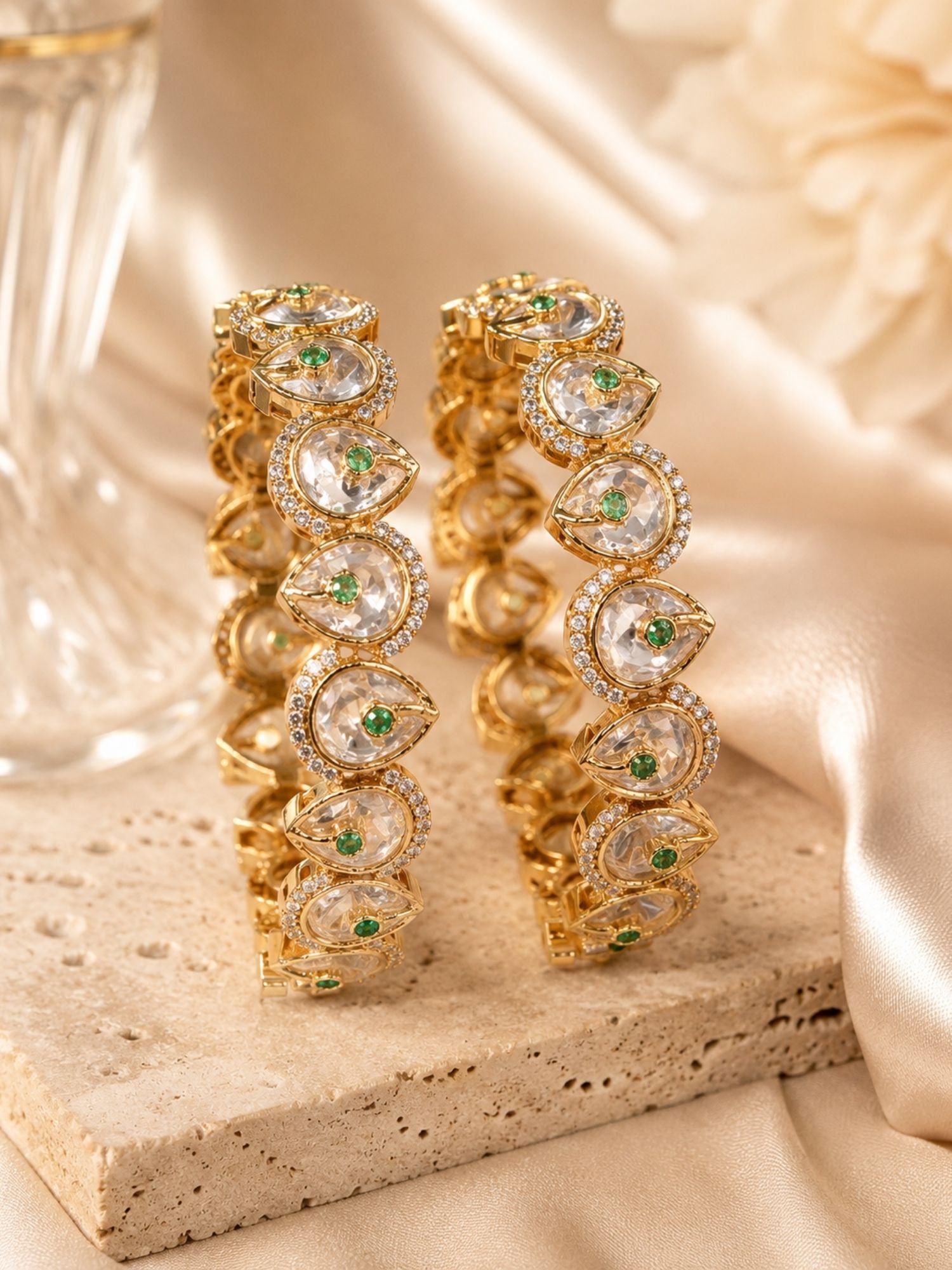 Gold Plated Green Stone Kundan Paisley Bangles for Women