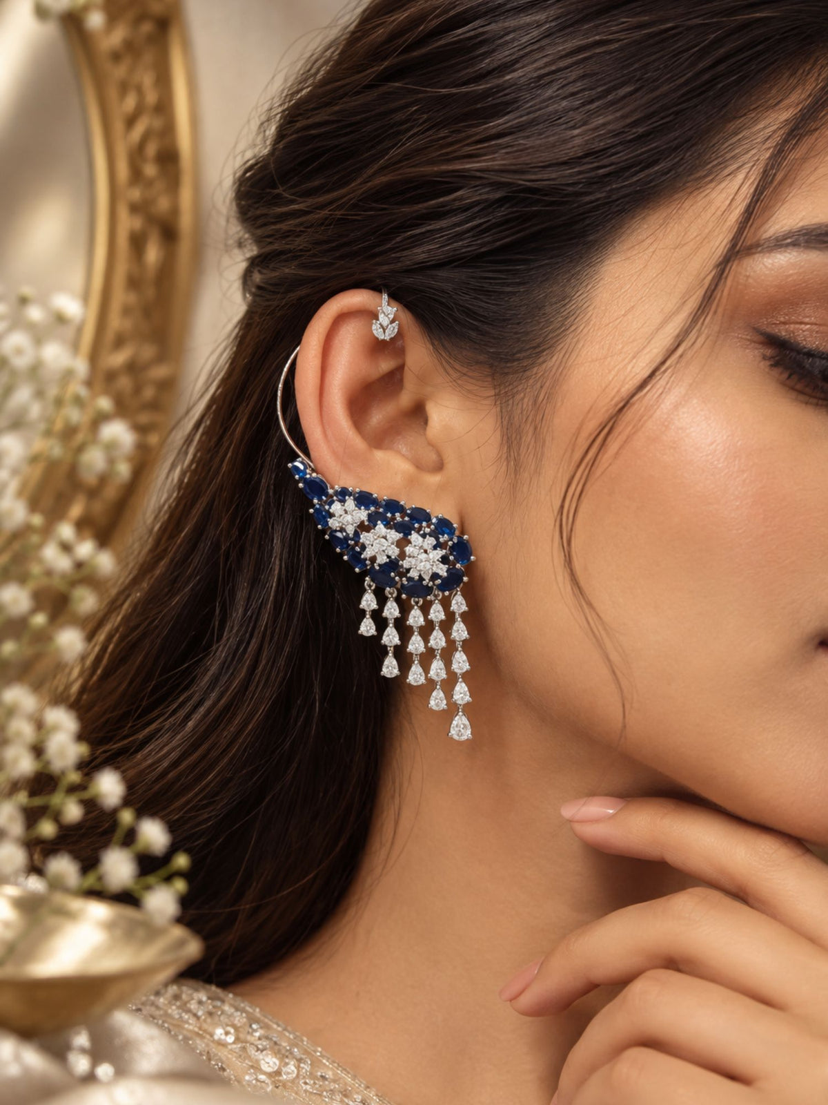 Silver Plated AD Stone Floral Statement Ear Cuff Earrings for Women