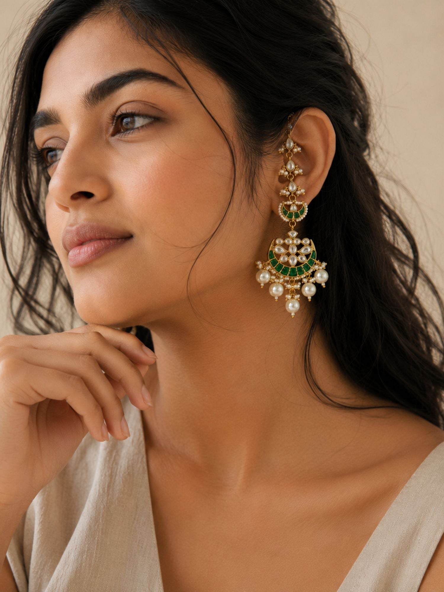 Abdesigns Pachi Kundan Ear Cuff Chandbali Earrings with Pearl Drops