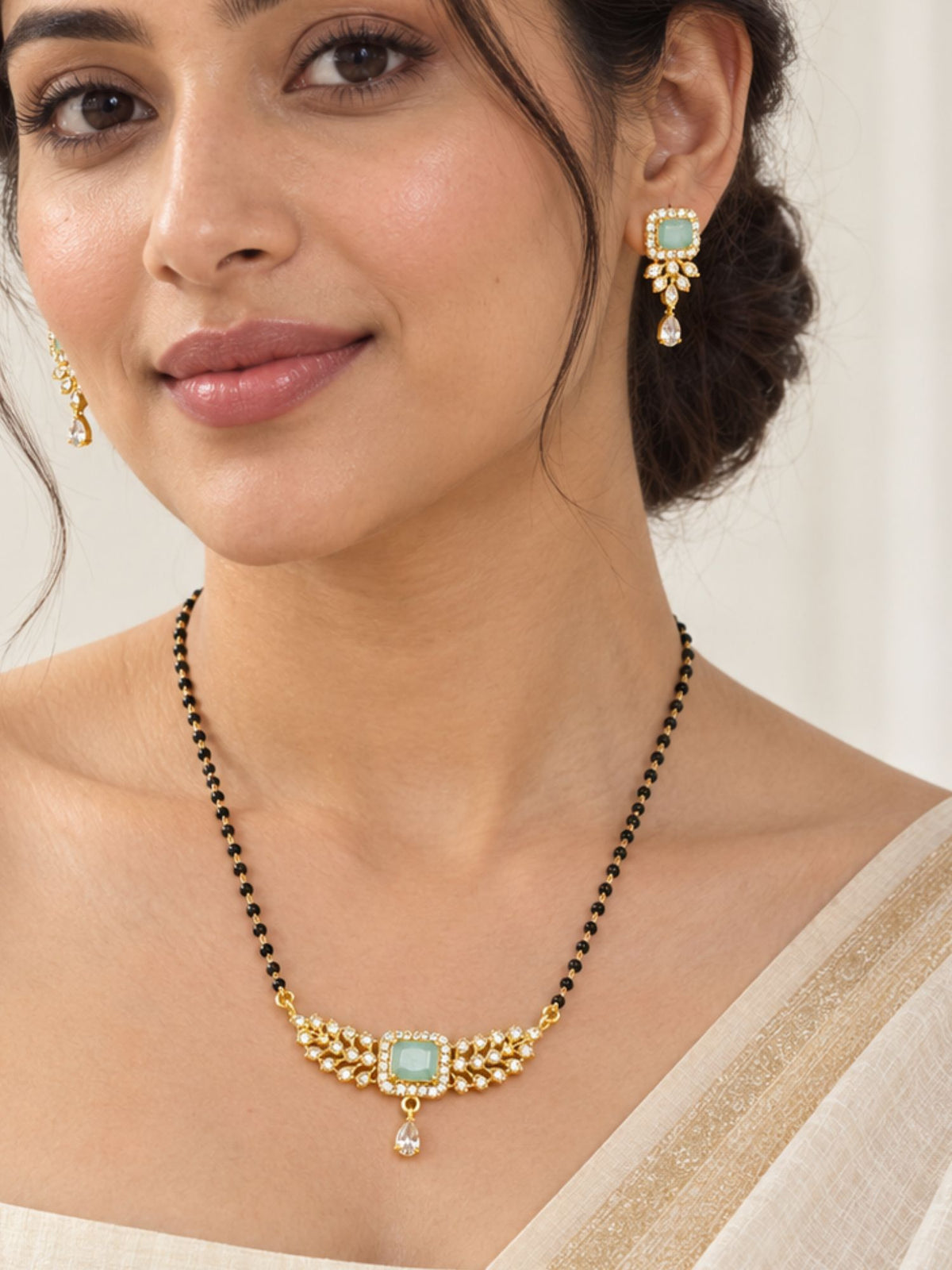 Set of 3 Gold Plated AD Stone Black Bead Mangalsutra Necklaces for Women