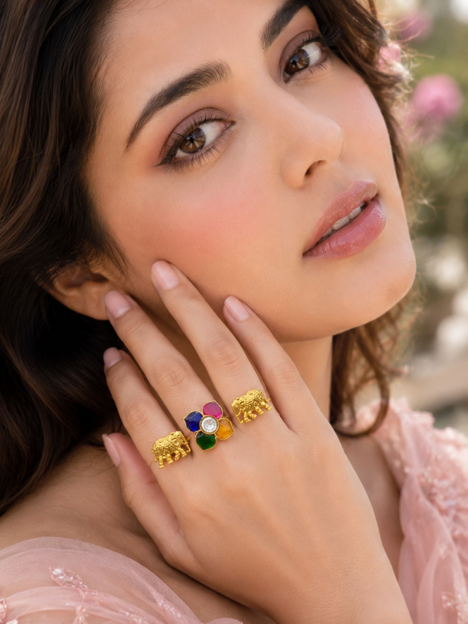 Multicolor Floral & Elephant Adjustable Ring Set for Women