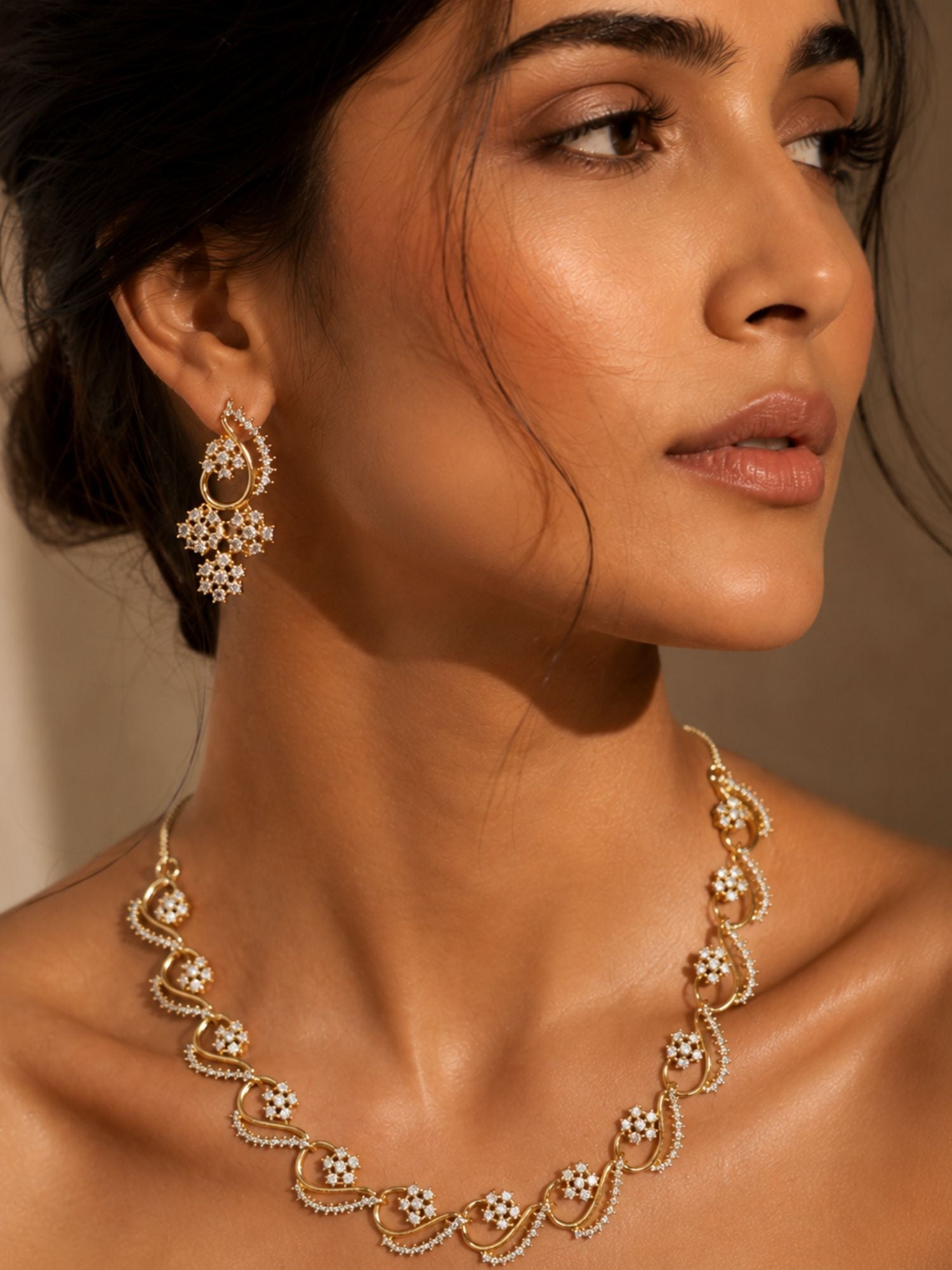 Floral American Diamond Necklace Set with Earrings – Gold, Rose Gold & Silver Plated | Abdesigns