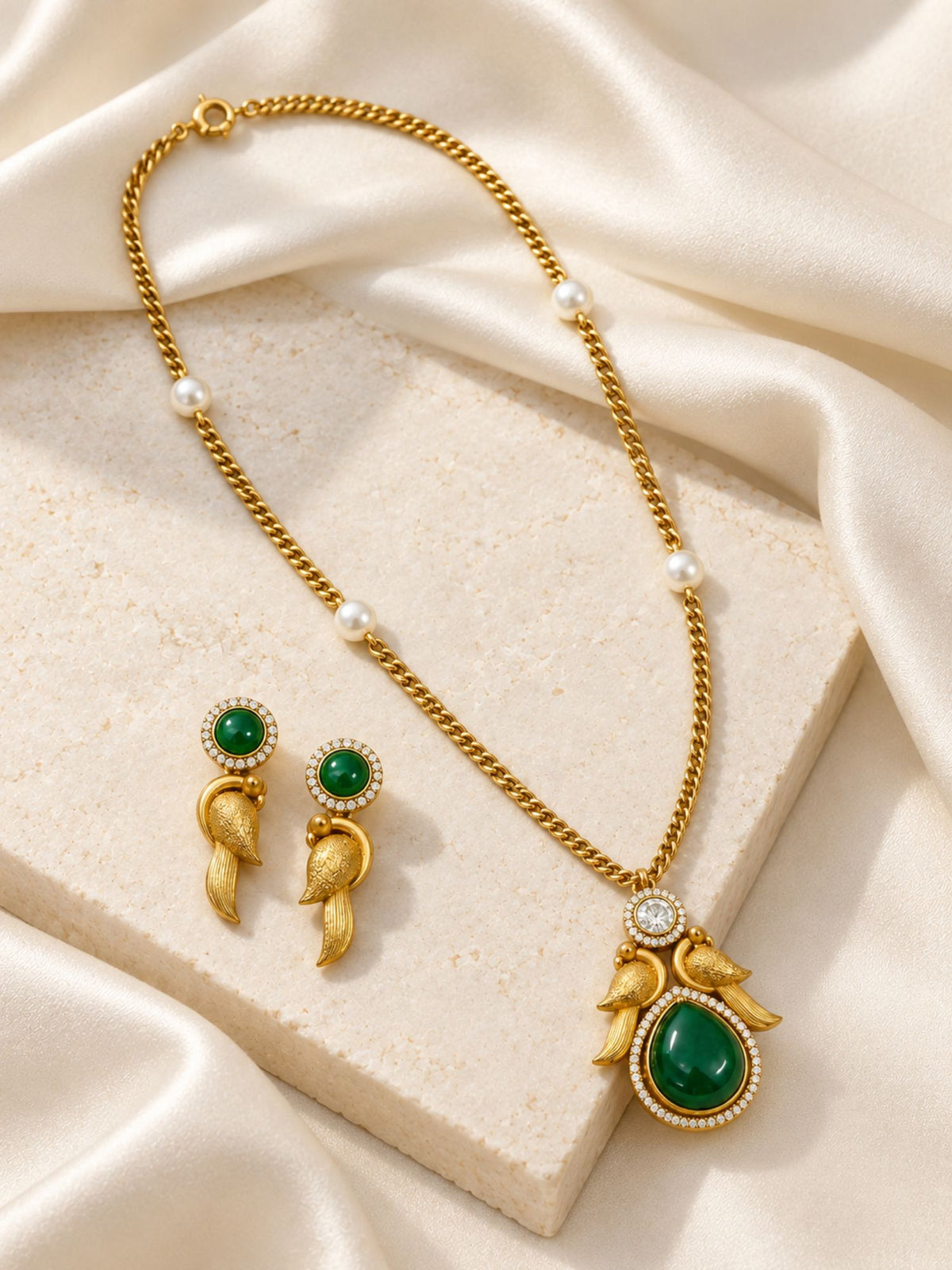 Gold Plated Green Stone Bird Pendant Necklace Set with Earrings for Women