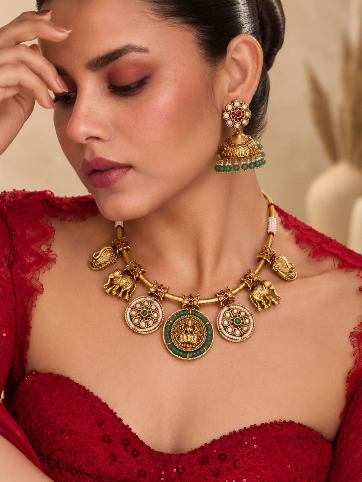 Gold Plated Temple Kundan Hasli Necklace Set with Jhumka Earrings