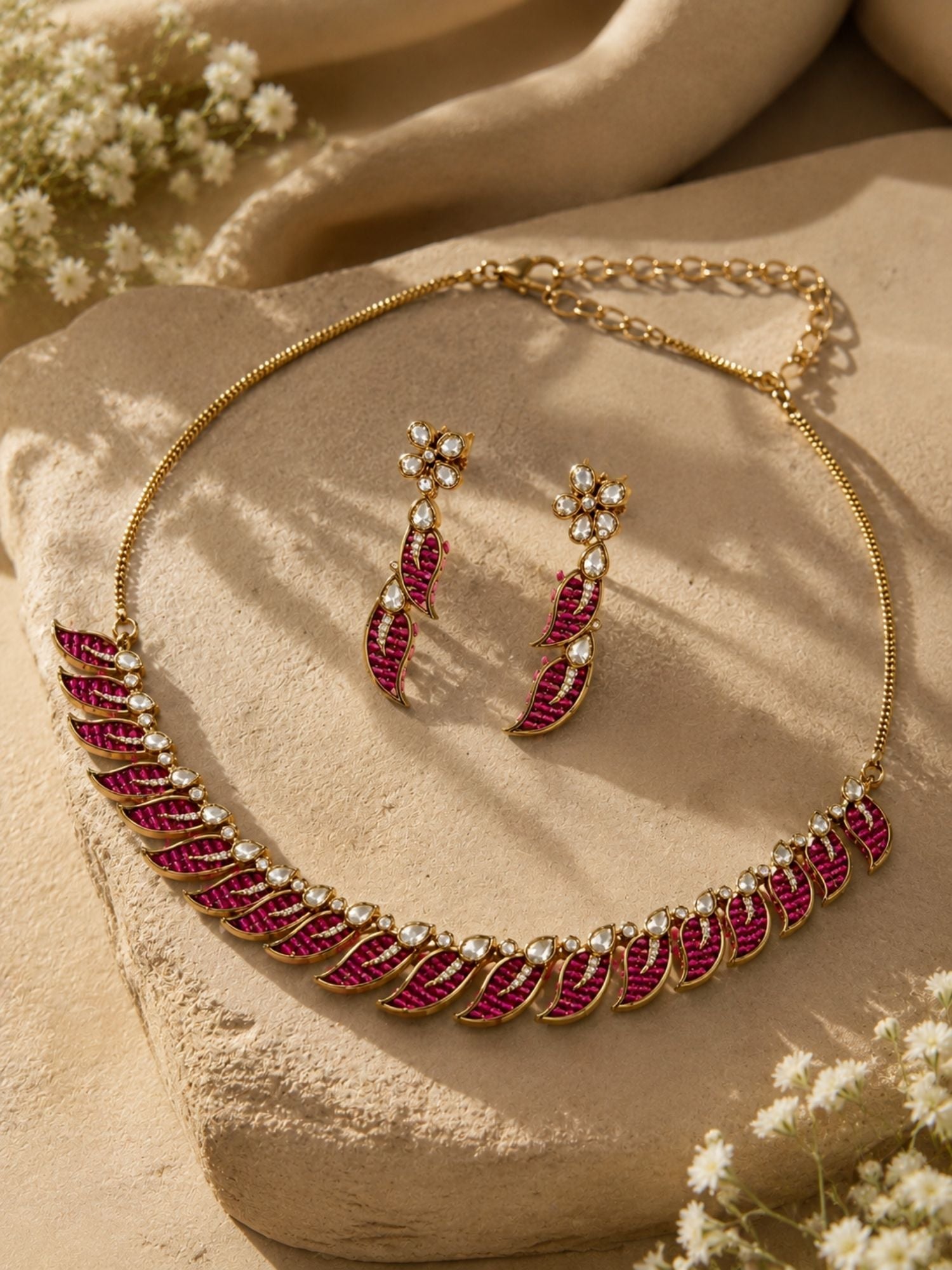 Victorian Gold Plated Pink Leaf Necklace Set with Earrings | Abdesigns