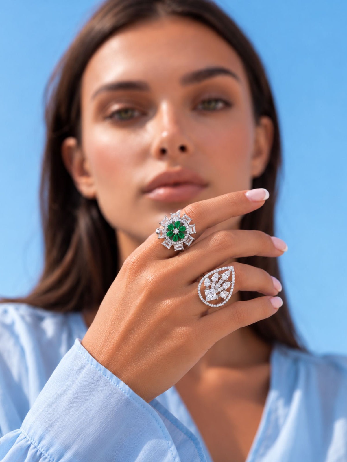 Set of 2 Silver Plated AD Stone Floral & Teardrop Statement Rings for Women