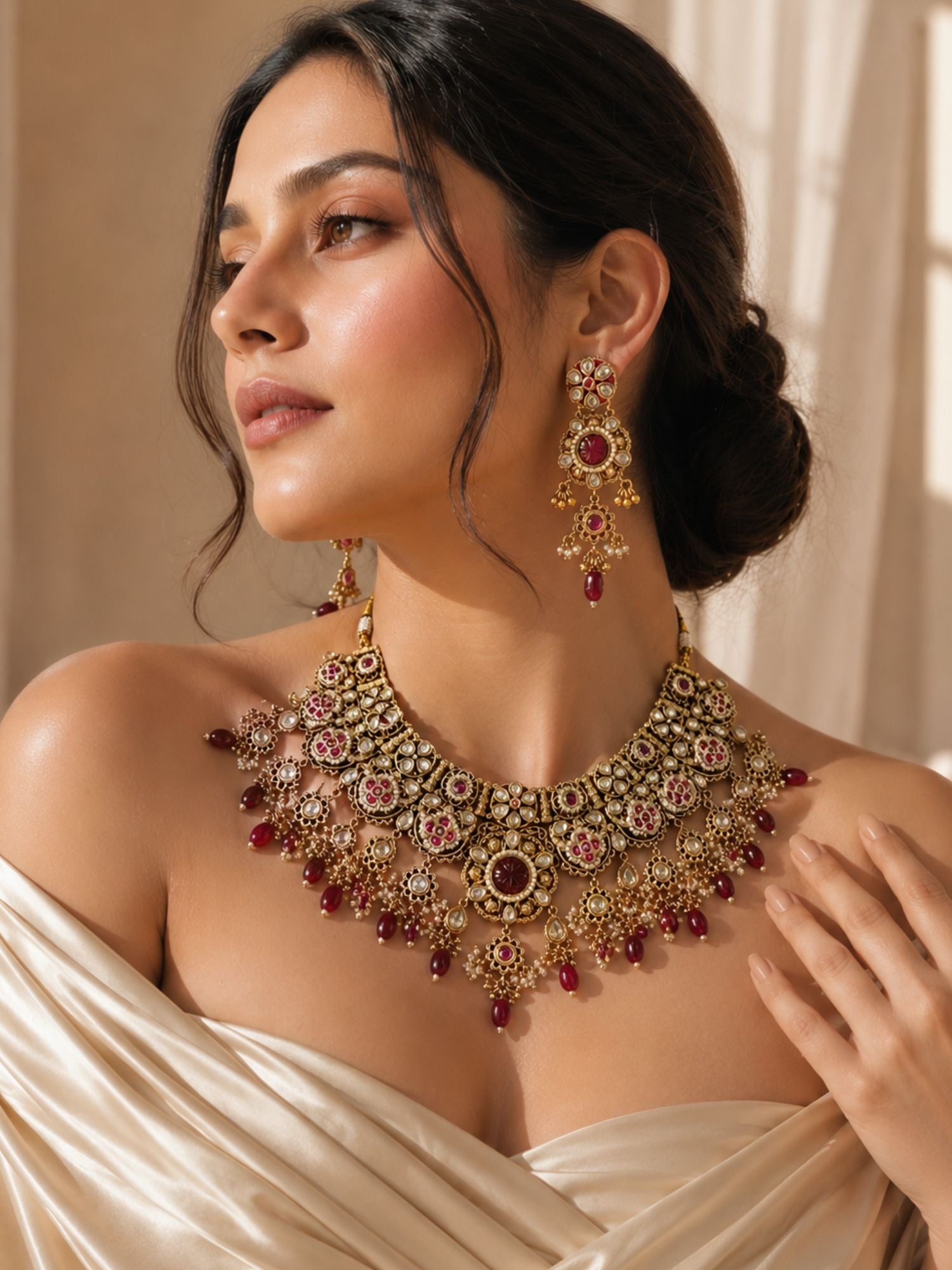 Antique Gold Plating Bridal Ruby Kundan Choker Necklace Set | Abdesigns