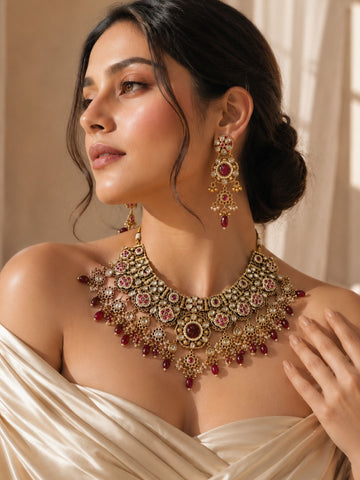 Antique Gold Plating Bridal Ruby Kundan Choker Necklace Set | Abdesigns