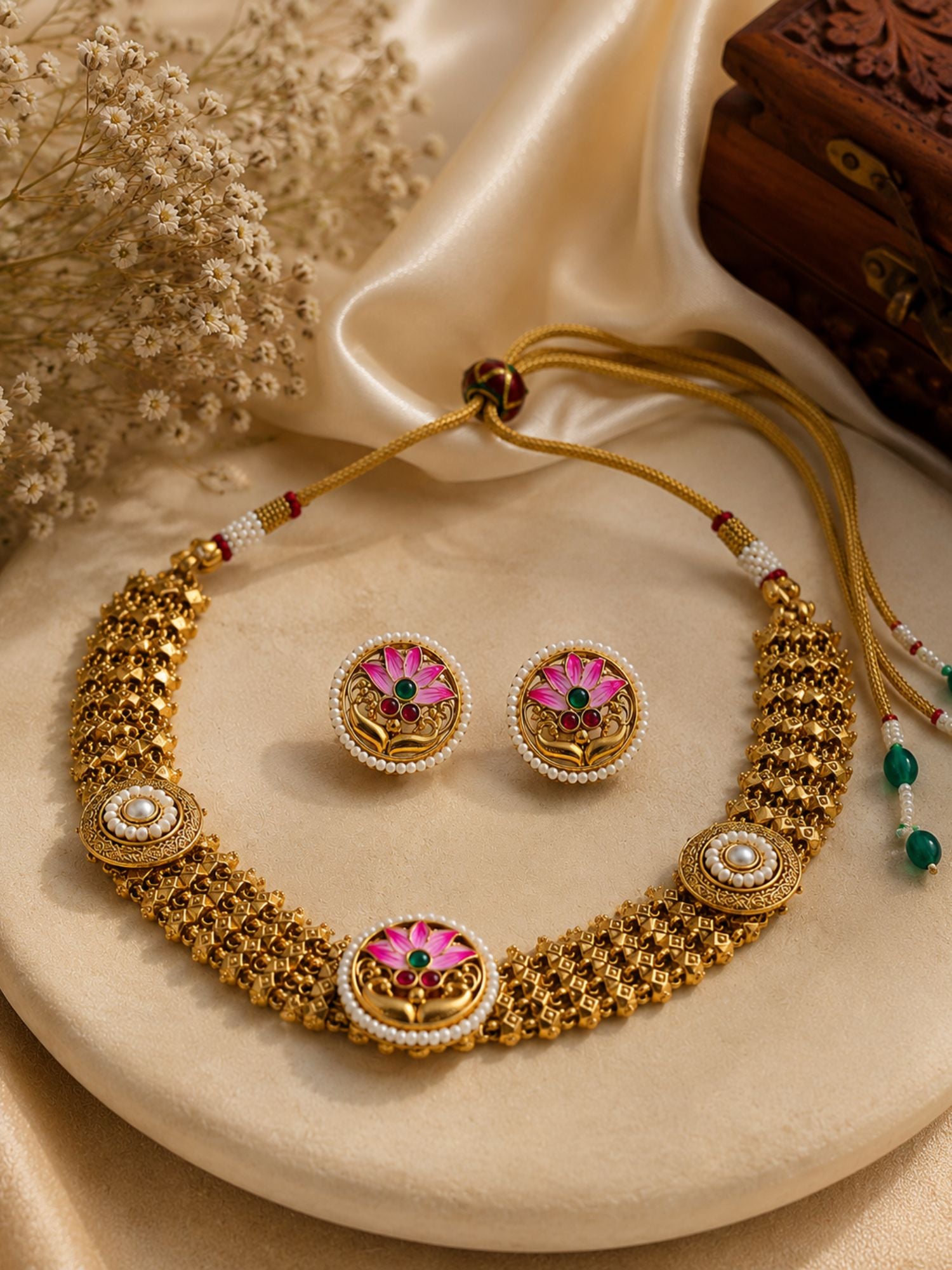 Abdesigns Jewellery Pink Floral Meenakari Antique Gold Plated Necklace Set
