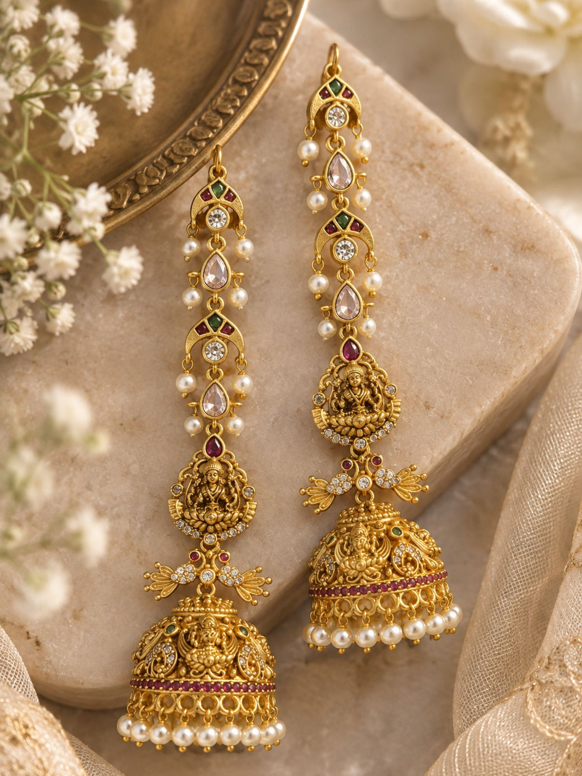 Traditional Lakshmi Temple Kaan Chain Jhumka Earrings