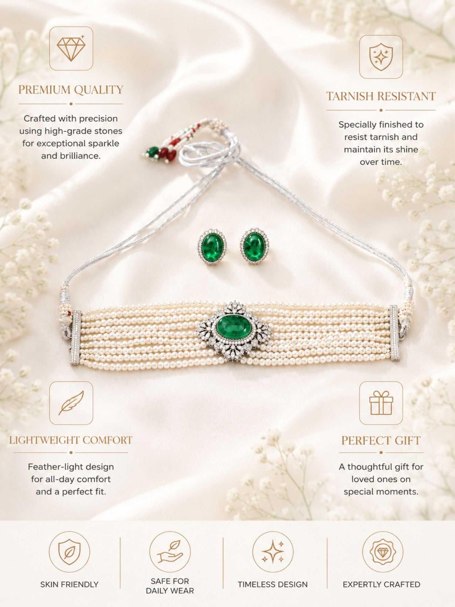 Emerald Pearl Choker Necklace Set in Silver Plating | Abdesigns