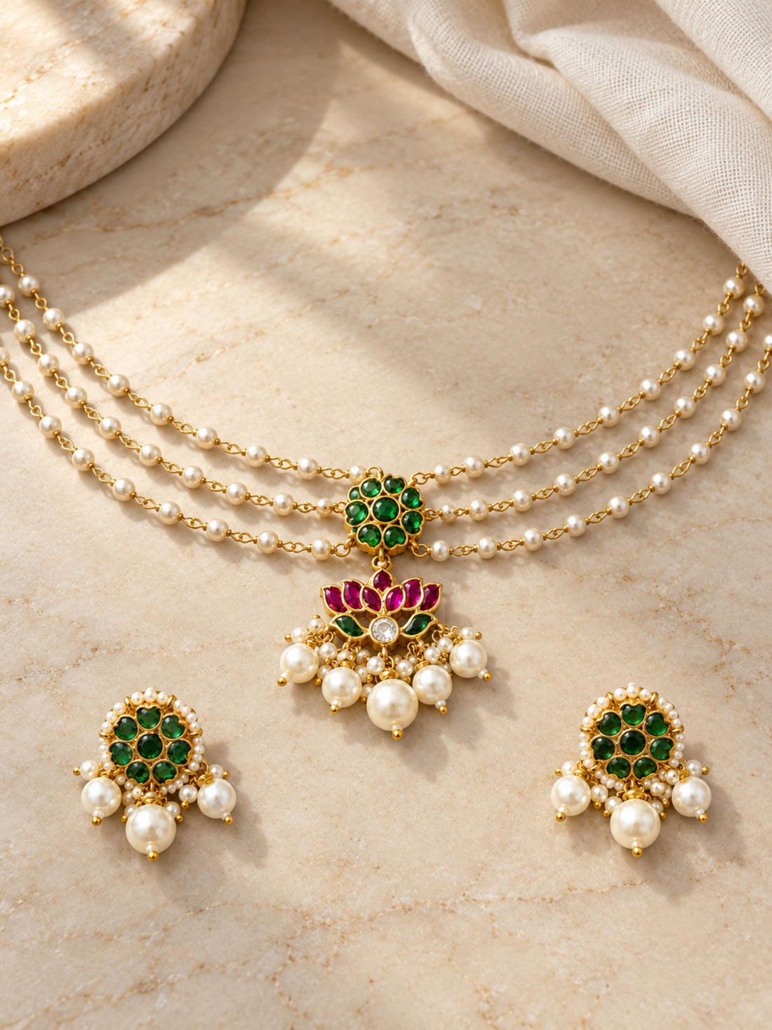 Gold Plated Kundan Green Stone Lotus Pearl Choker Necklace Set with Earrings for Women