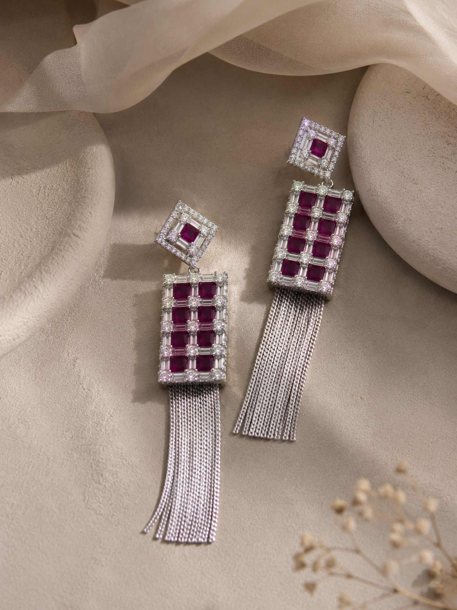 Ruby CZ Tassel Earrings in Silver Finish – Party Wear - earrings by Abdesigns Jewellery