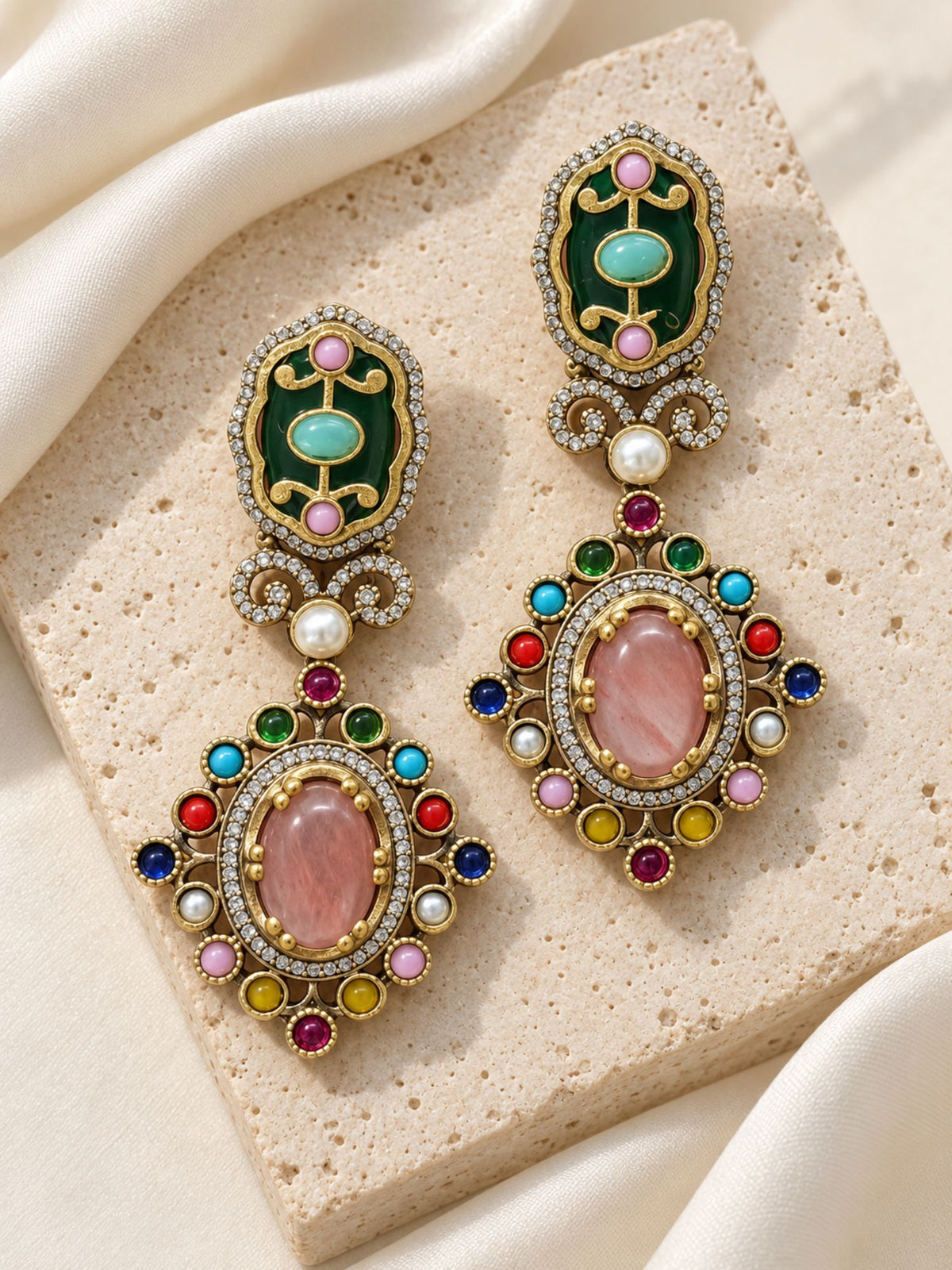 Victorian Oxidsed Gold Drop Earrings in Multicolor Stones – Festive | Abdesigns